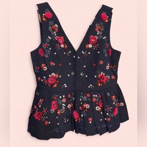 J. Crew Dark Navy Top with Red Floral Embroidery NWT Beautiful!